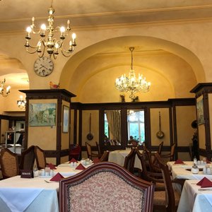 Interhotel Central in Karlovy Vary, image may contain: Chandelier, Dining Room, Dining Table, Restaurant
