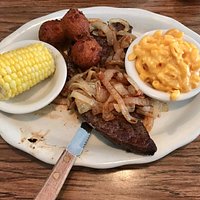 Grilled liver and onions, sides: mac and cheese, corn on the cob and hush puppies