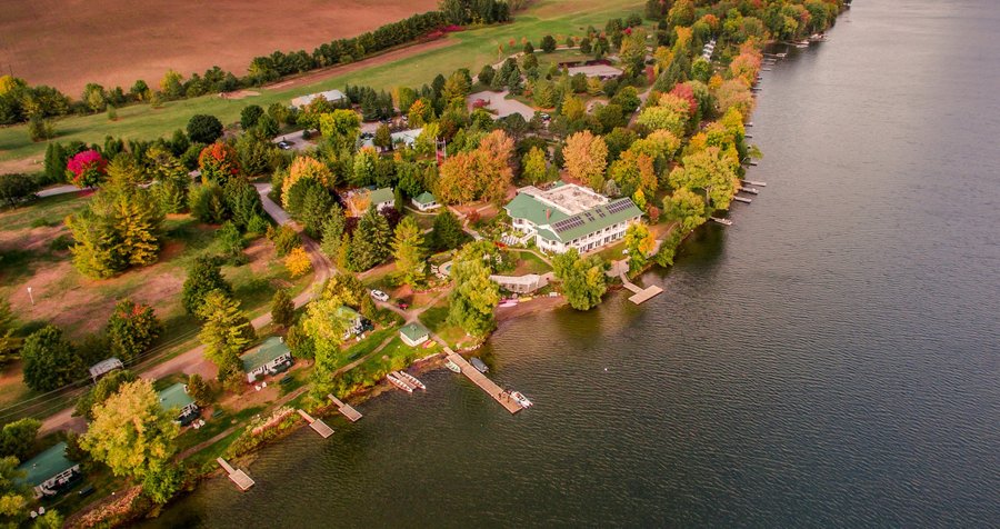 Aerial view of Elmhirst's Resort in Fall