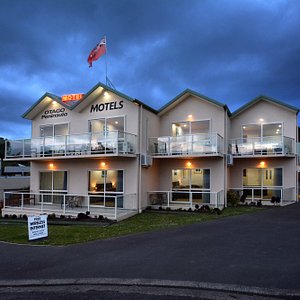 A beautiful night shot of the Otago Peninsula Motel coming down Highcliff Rd, Portobello.