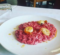 Risotto rapa rossa, mazzancolle olio al peperoncino, germogli.