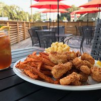 Meat & 2 - Large Fried Shrimp, Baked Mac 'n' Cheese, and Sweet Potato Fries.