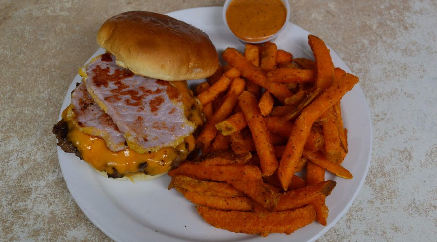 Loaded Burger with sweet potato fries