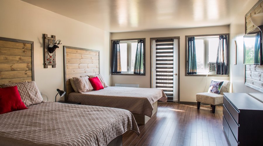 Chambre moderne comprenant 2 lits doubles, terrasse privé et salle bain avec douche.