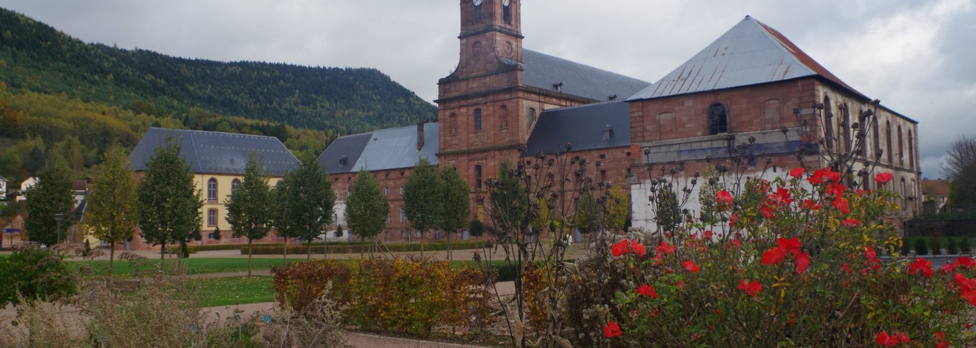 Vue de l'Abbaye depuis la voie verte (10 km entre Etival et Senones).)