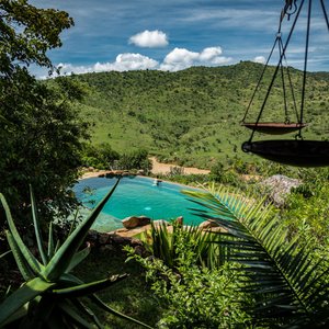 The swimming pool at Borana Lodge, with views of Mt Kenya 