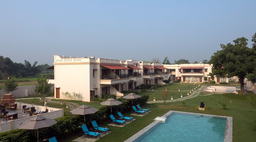 Large swimming pool surrounded by greens.