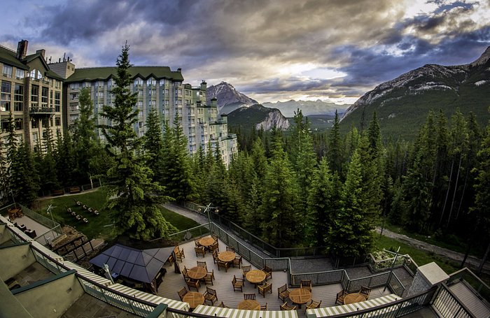 Rimrock Resort Hotel and terrace, looking out over the Bow Valley. Banff National Park
