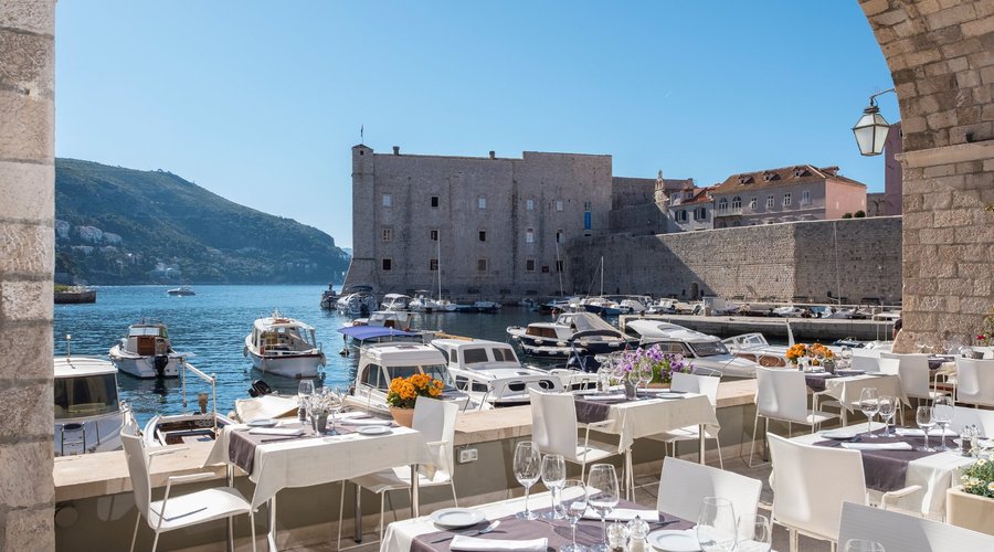 View to the Old Port of Dubrovnik & Gradska kavana Arsenal Restaruant Terrace
