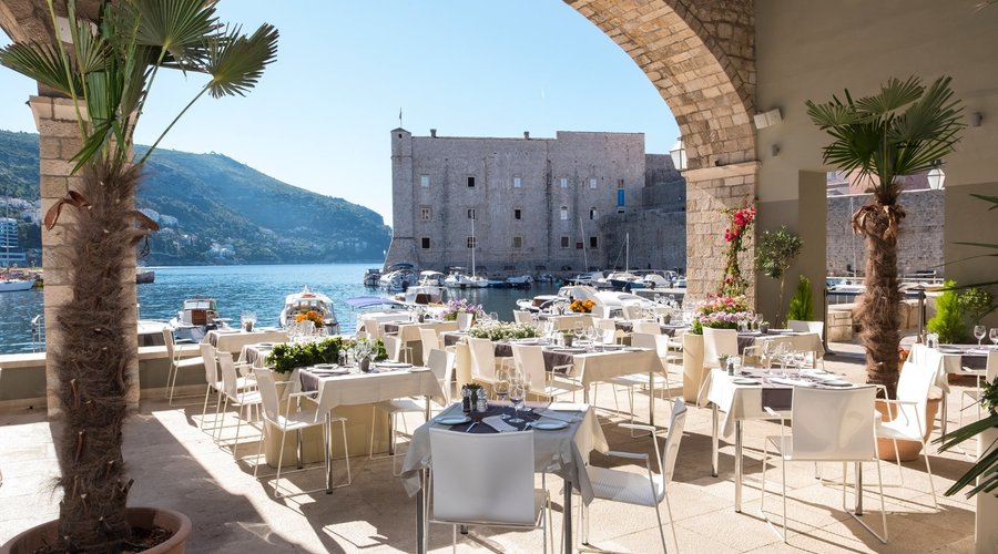 View to the Old Port of Dubrovnik & Gradska kavana Arsenal Restaurant Terrace
