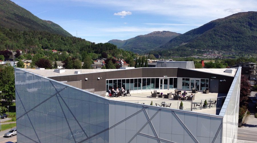 At the roof terrace you may enjoy food from our cafe on the ground floor.