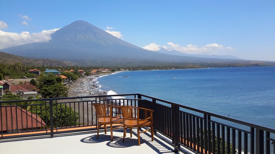 Rooftop deck view of Mt Agung and Amed Coastline.