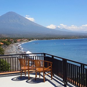 Rooftop deck view of Mt Agung and Amed Coastline.