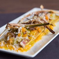 Ravioli di Patate con Zucca Gialla, Porri, Pancetta e Pecorino Canestrato