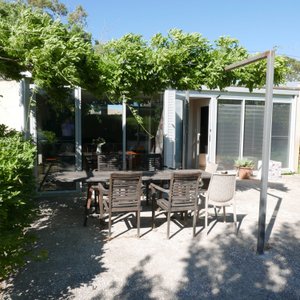 Cottage with wisteria cover over picnic table