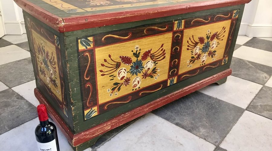Rare 19thc Continental Painted Pine Blanket Box / Marriage Chest / Window Seat