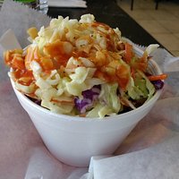 Pig Parfait = a layered dish of cornbread, pulled pork, baked beans, cole slaw, and BBQ sauce.