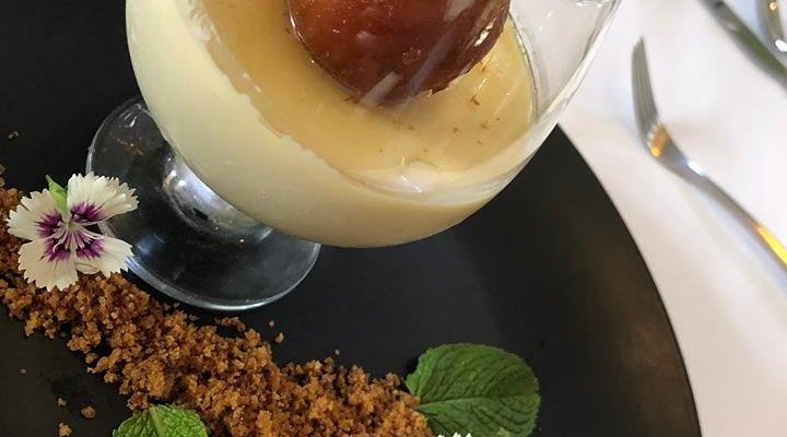 Chai pannacotta with Gulab Jamun, caramel coconut crumb and toffee shard