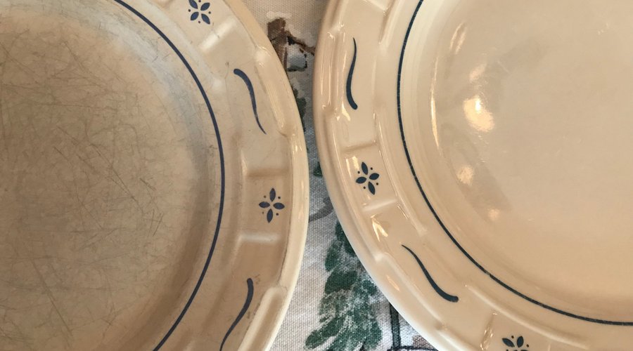 Longaberger Pottery on the left made in China and right made in the USA - shame on Longaberger!
