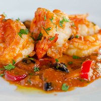 GAMBERI AI FUOCCO - tiger shrimps, black olives, capers, fiery tomato sauce.