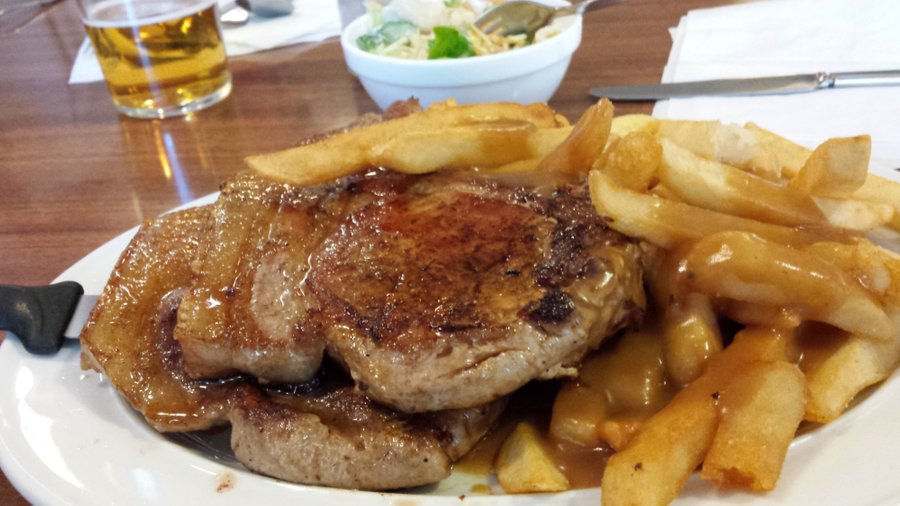 Biggest pork chops and a mountain of chips