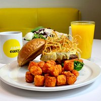 Breakfast burger and fresh squeezed OJ
