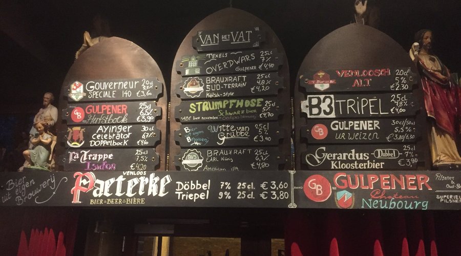 The boards above the entrance tell you which beers we have on draught at the moment.