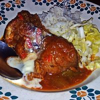 Beef stew, cabbage, rice and sour cream