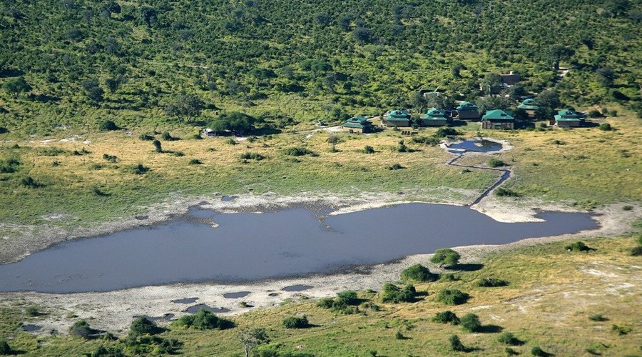 Overhead view of Thobolo's Bush Lodge overlooking Barangwe Pan