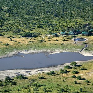 Overhead view of Thobolo's Bush Lodge overlooking Barangwe Pan