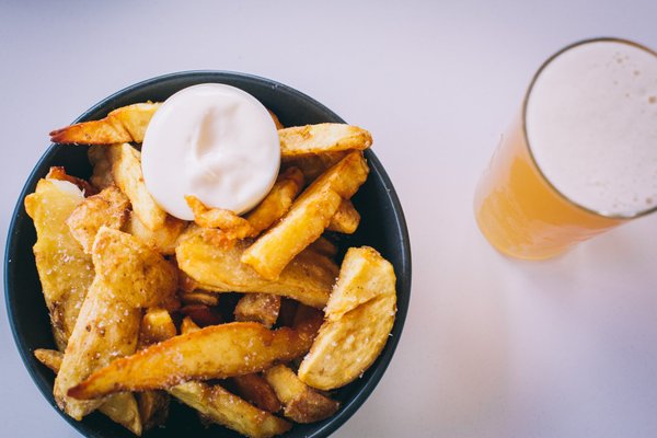 Our hand cut chips and a cold glass of beer - perfection!