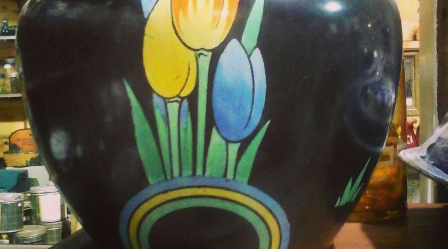 Shelley jardinere .Flower painting reminiscent of Clarice Cliffe's style.