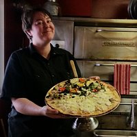 Helen baked our pizza to perfection