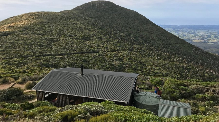 looking out over Pouakai Hut towards Mangorei Rd track line