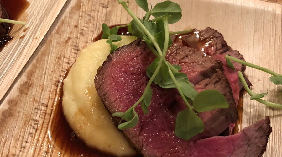 Classic Roasted Prime Beef Tenderloin with Pomme Puree and Sauce Bordelaise. 
