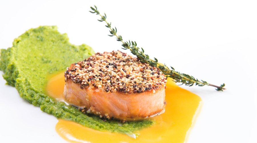 Quinoa Crusted Wild Salmon with Kale Potatoes and Pumpkin butter