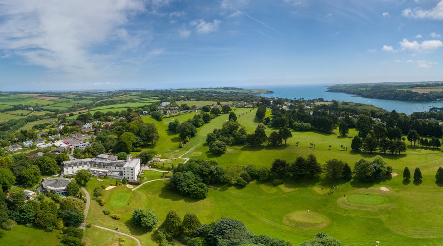 A stunning aerial view of the hotel and it's location by the Helford River in Cornwall