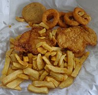 2 Fish 1 Pork Meatball, 6 Squid Rings & Chips $9.70.