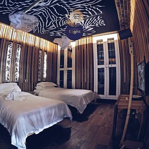 Wood are the main elements in each room and for this room, a mixture of Chinese calligraphy blen