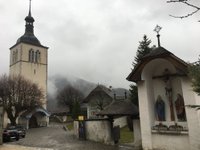 Europe, Switzerland, Freiburg, gruyere cheese, Les Grands-Chemins, church,  Église Saint Théodule, architecture, trees, buildings, historically, scener  Stock Photo - Alamy