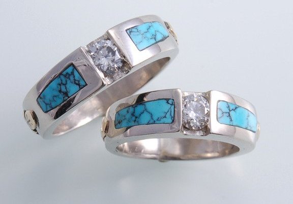 Channel Set diamond rings in 14k white gold, inlaid with turquoise. By Erick Begay
