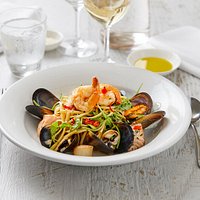 Vivace 'signature' linguine with salmon, prawns, mussels, scallops chilli, garlic, olives, rocke