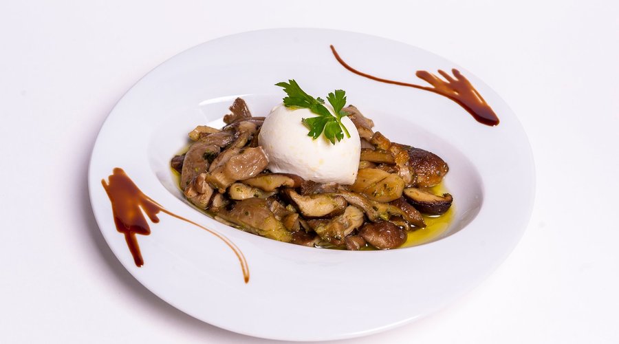 Setas salteadas con queso burrata.