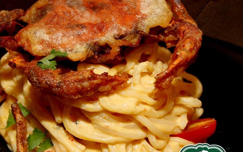 Soft shell crabs with pasta in a salted egg and cream sauce