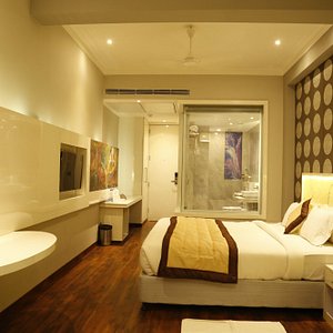 Hotel Orange in Agra, image may contain: Interior Design, Home Decor, Bed, Furniture