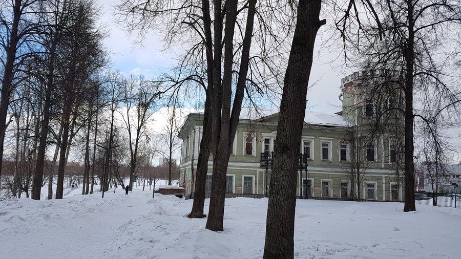 Здание усадьбы Мысово в остатках парковых деревьев.