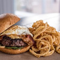 The Cure Burger with Onion Strings
