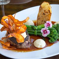 Eye Fillet: with mushroom duxelle, parsnip puree, chat potato cake, mustard creme fraiche & gree
