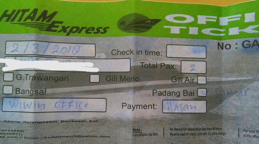 Our ticket - shows Padand Bai & Sanur written beside it (faded-hard to read)