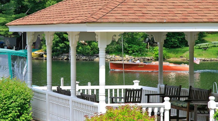 Lakefront gazebo with seating and lake view